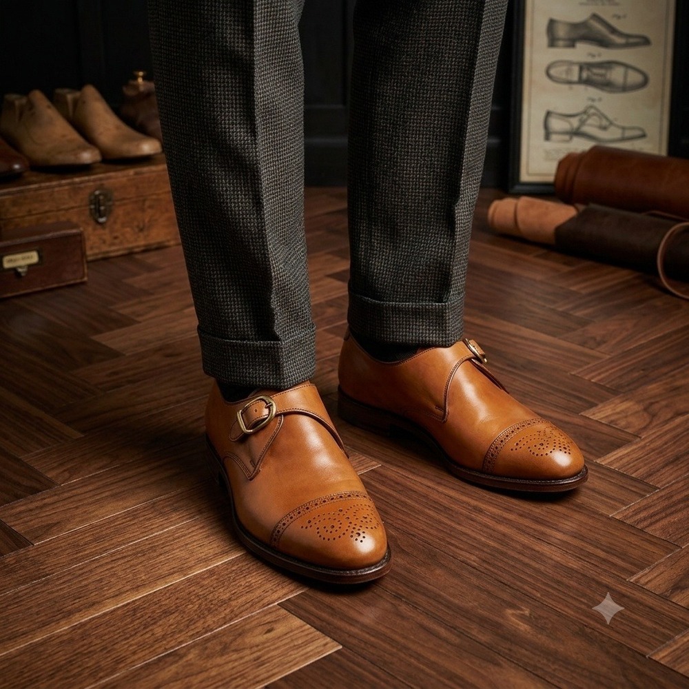 Vintage Allen Edmonds Monk Strap Shoes Mens 10.5 E Tan Leather Cap Toe USA